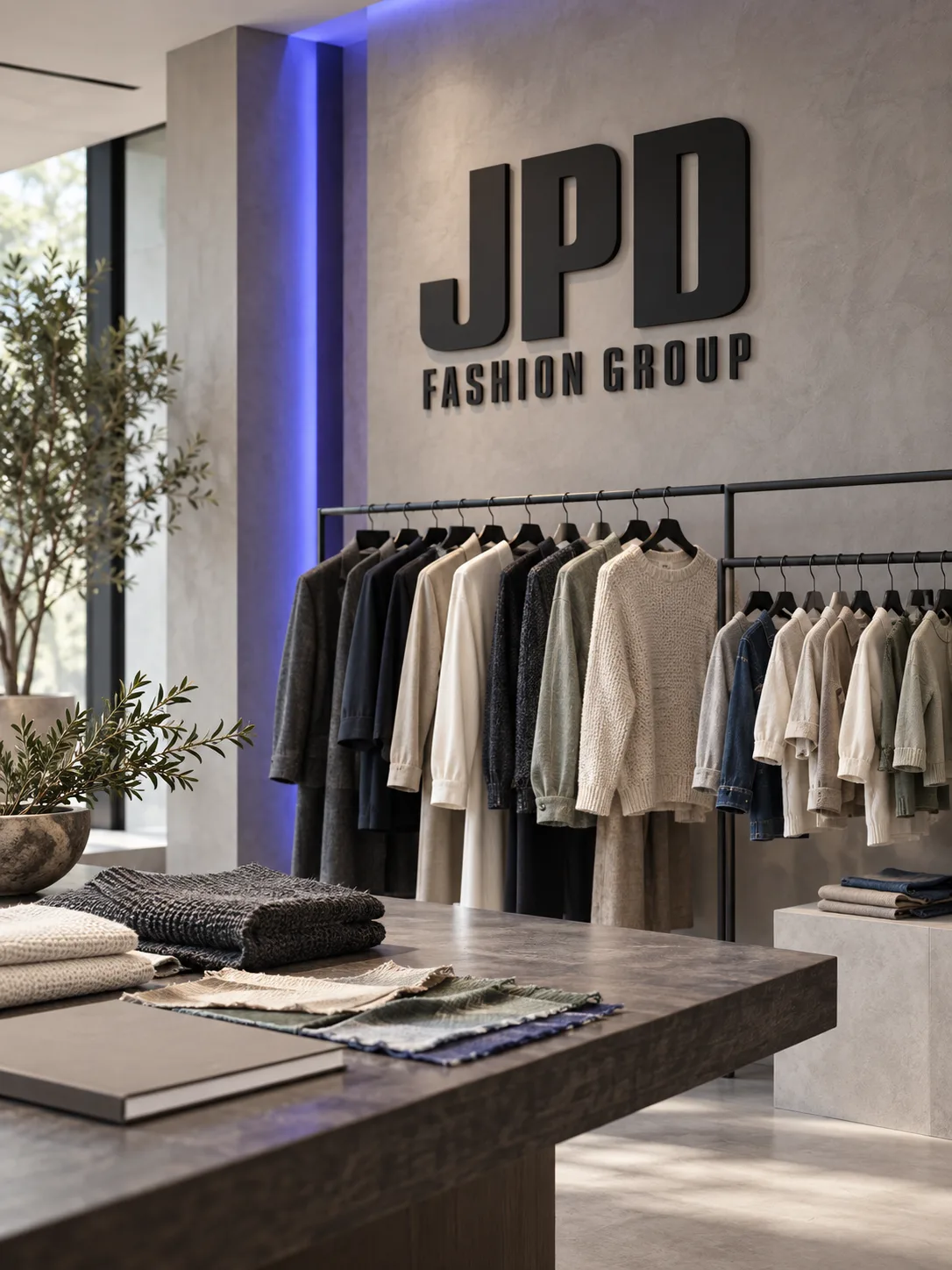 Showroom μόδας με συλλογές, υφάσματα και το λογότυπο JPD Fashion Group.